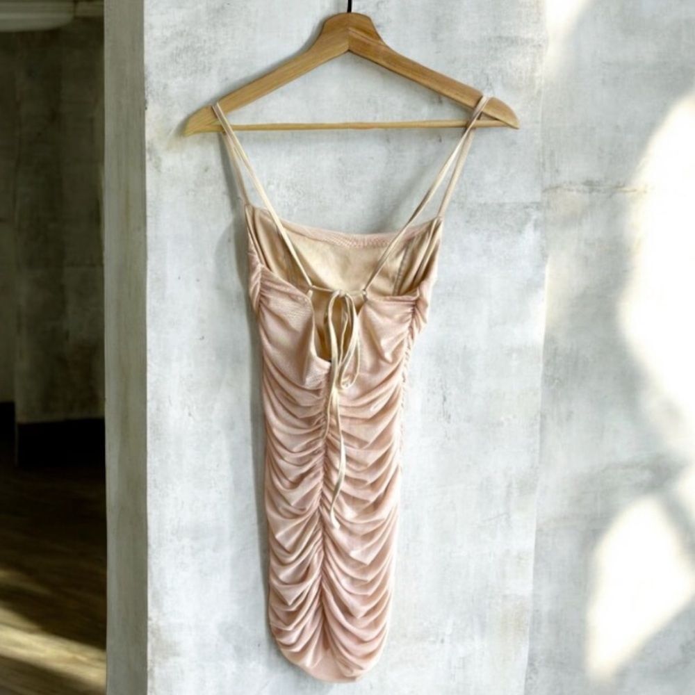 Cream Ruched Mini Dress Back Tie Stretch Boutique Bali Resort Coquette - Picture 2 of 4